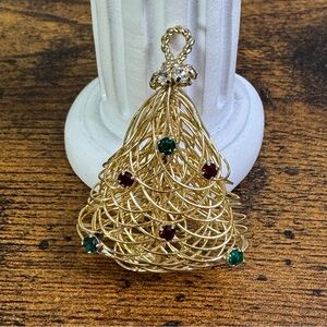 Eisenberg Gold Christmas Tree Brooch Articulated Pin Bird’s Nest Rhinestone